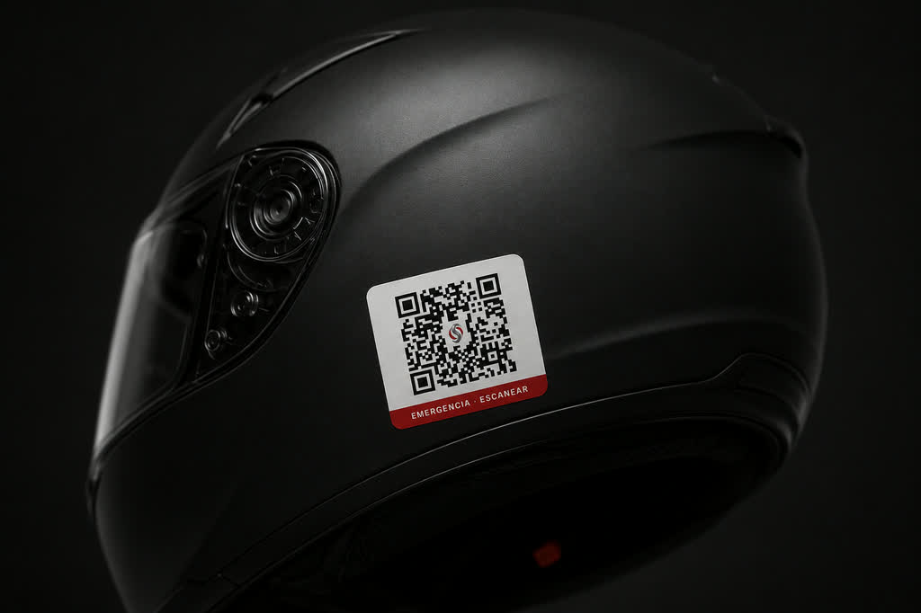 La etiqueta adhesiva pegada en la parte trasera de un casco de motociclista negro.